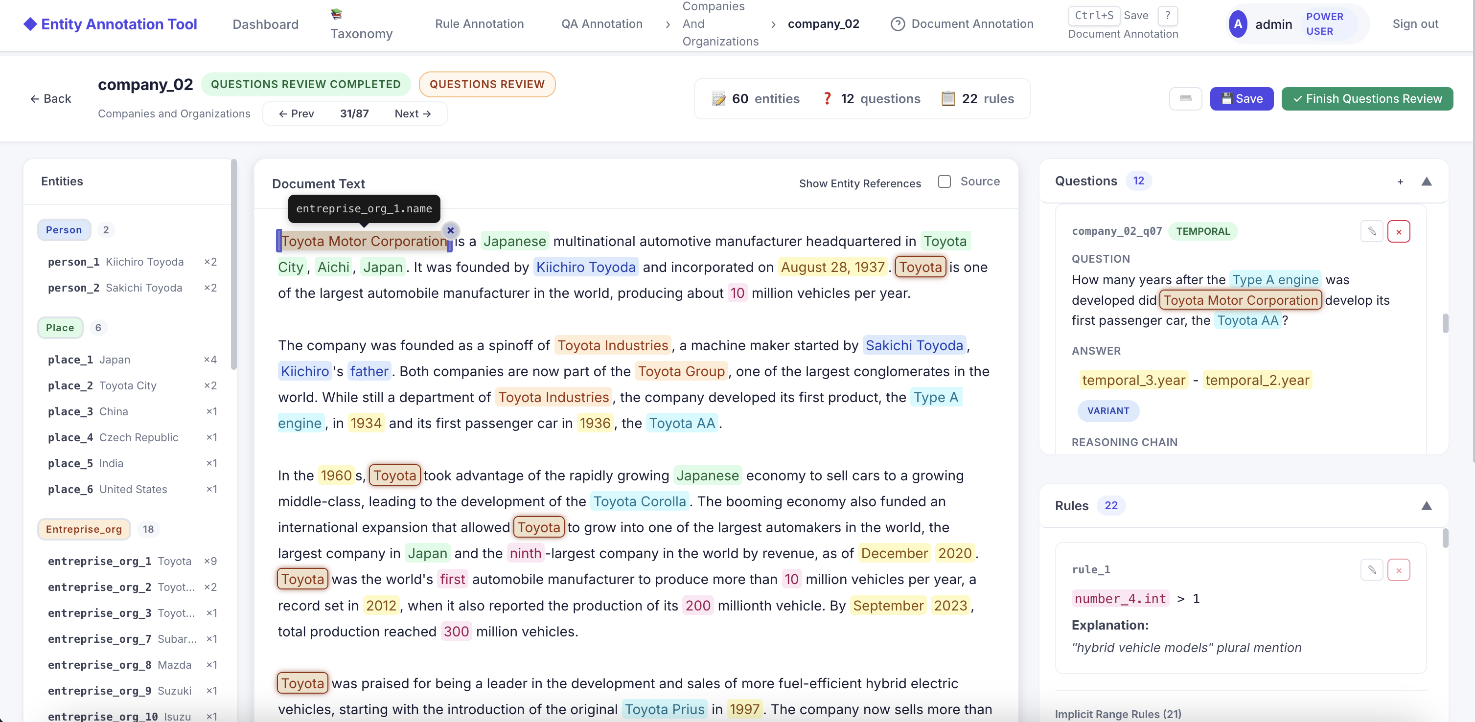 MemoReason annotation interface showing a source document, entity annotations, rules, and questions